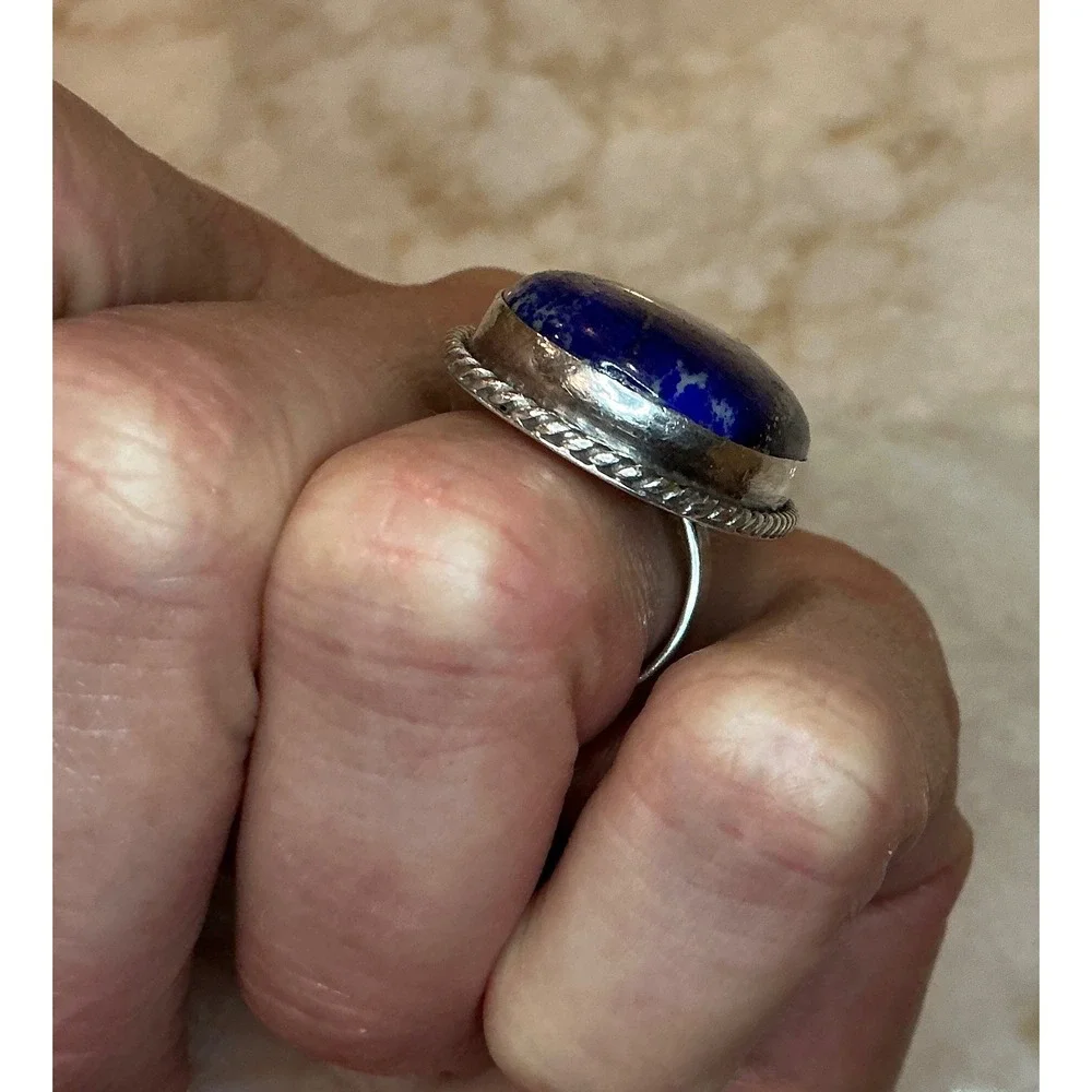 Sterling Silver 925 Lapis Lazuli Statement Ring Oval Rope Edge Band Size‎ 6.25